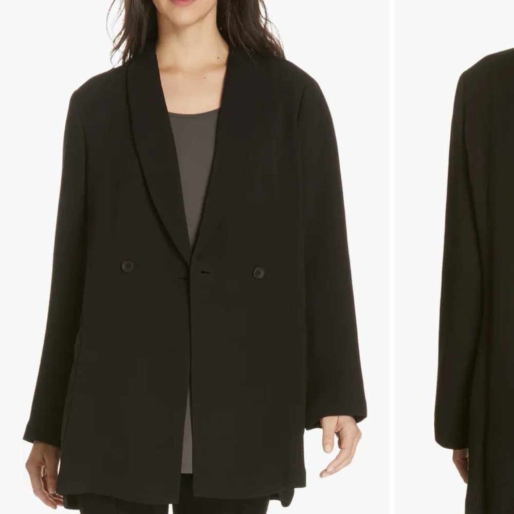 Black Blazer Coat Eileen Fisher Silk Rayon thick textured double breasted